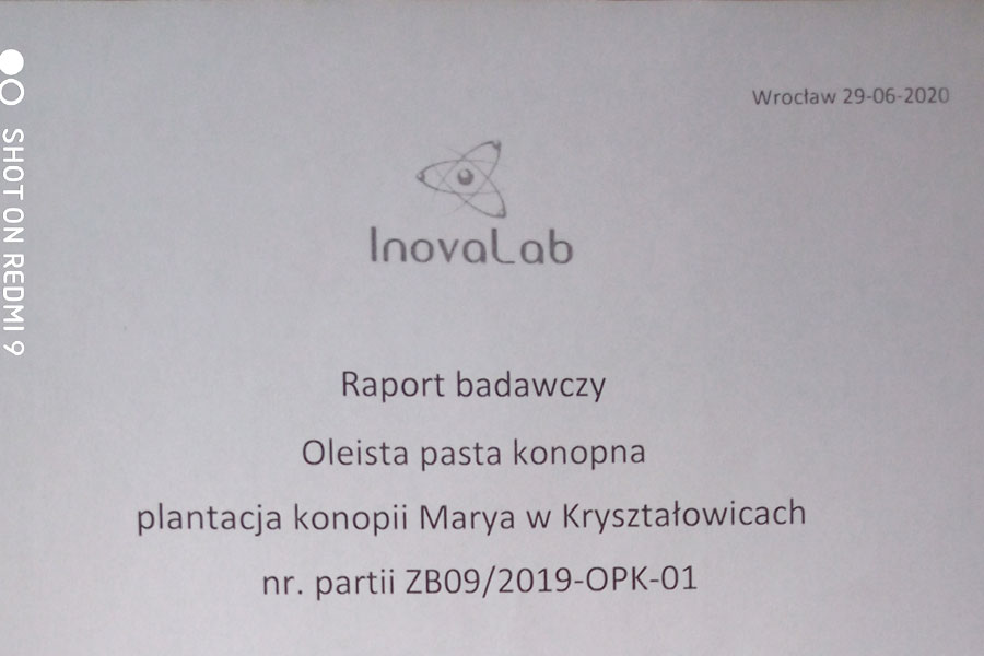 Pasta konopna. Wynik badań laboratoryjnych - Plantacja Konopi w Kryształowicach.
