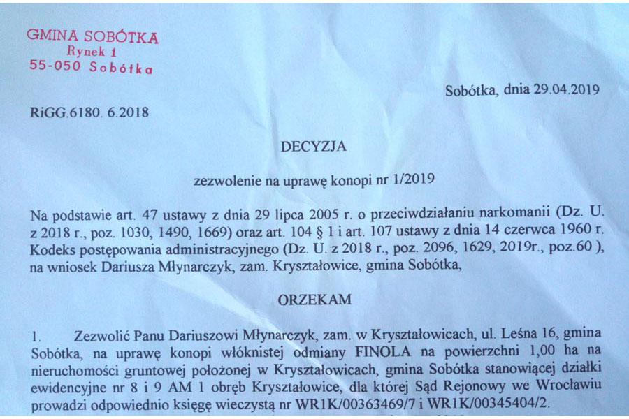 Zezwolenie na uprawę konopi 2019 dla Plantacji Konopi w Kryształowicach