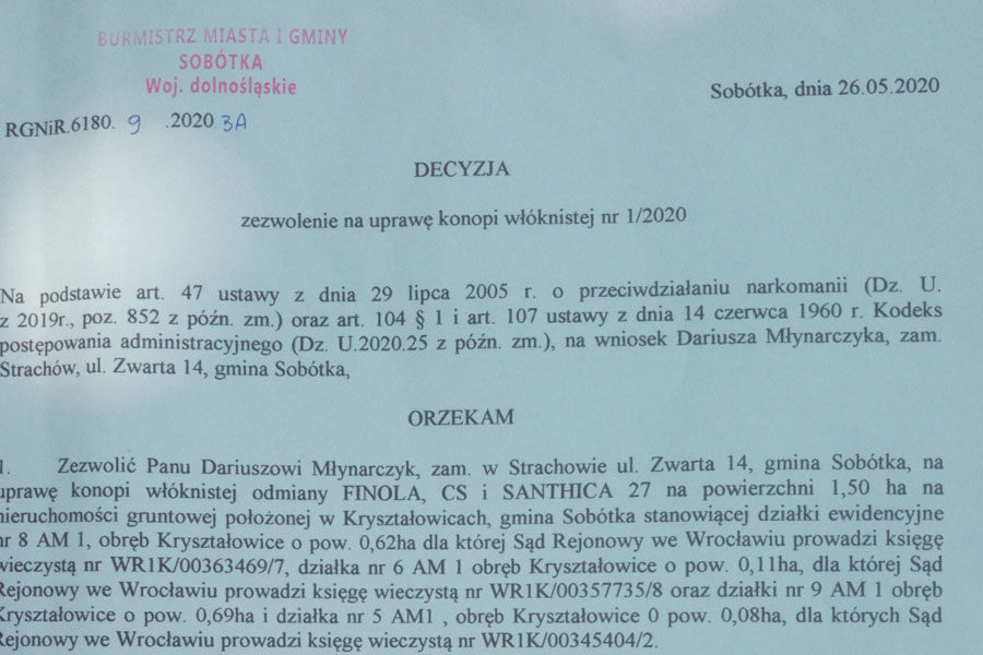 zezwolenie na uprawę konopi 2020 plantacja konopi w Kryształowicach